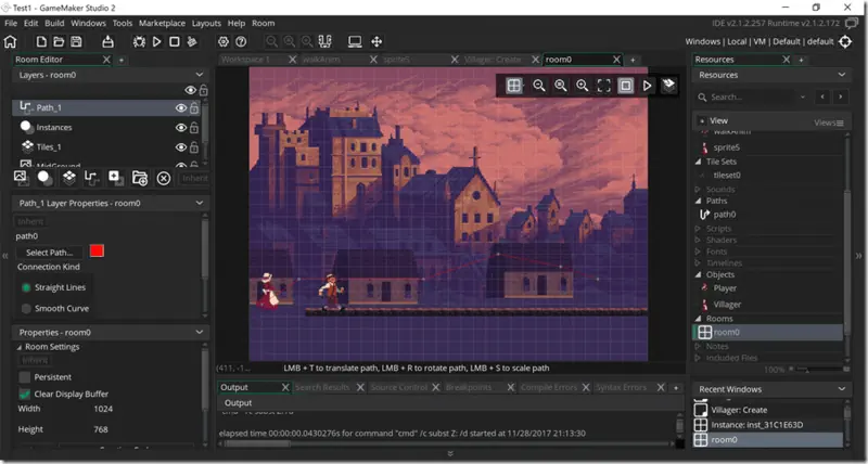 GameMaker Studio 2 editor showing room editor, sprite editor, code window