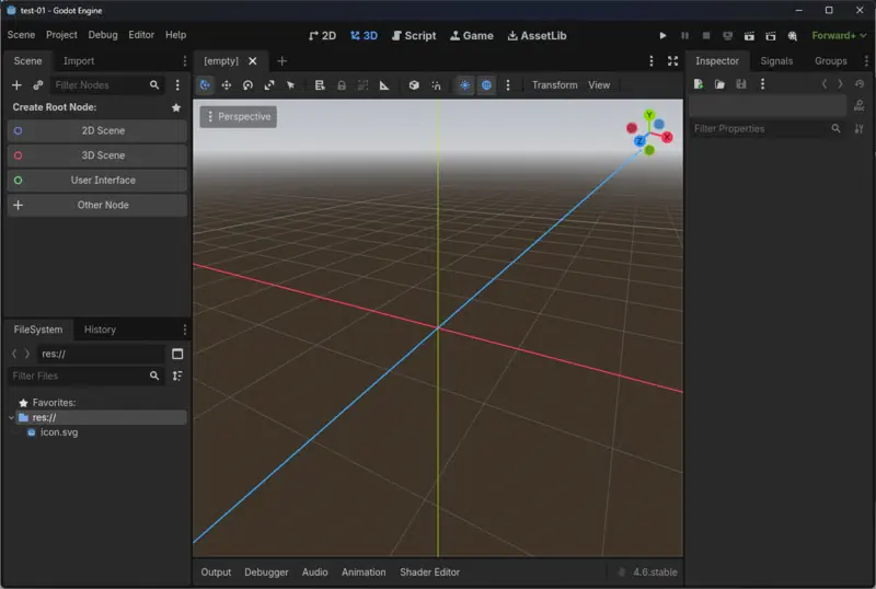 Godot 4.x editor interface with node tree, 2D/3D viewport, inspector panel