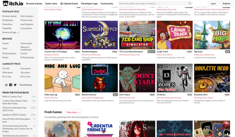 itch.io homepage, indie games, game jams
